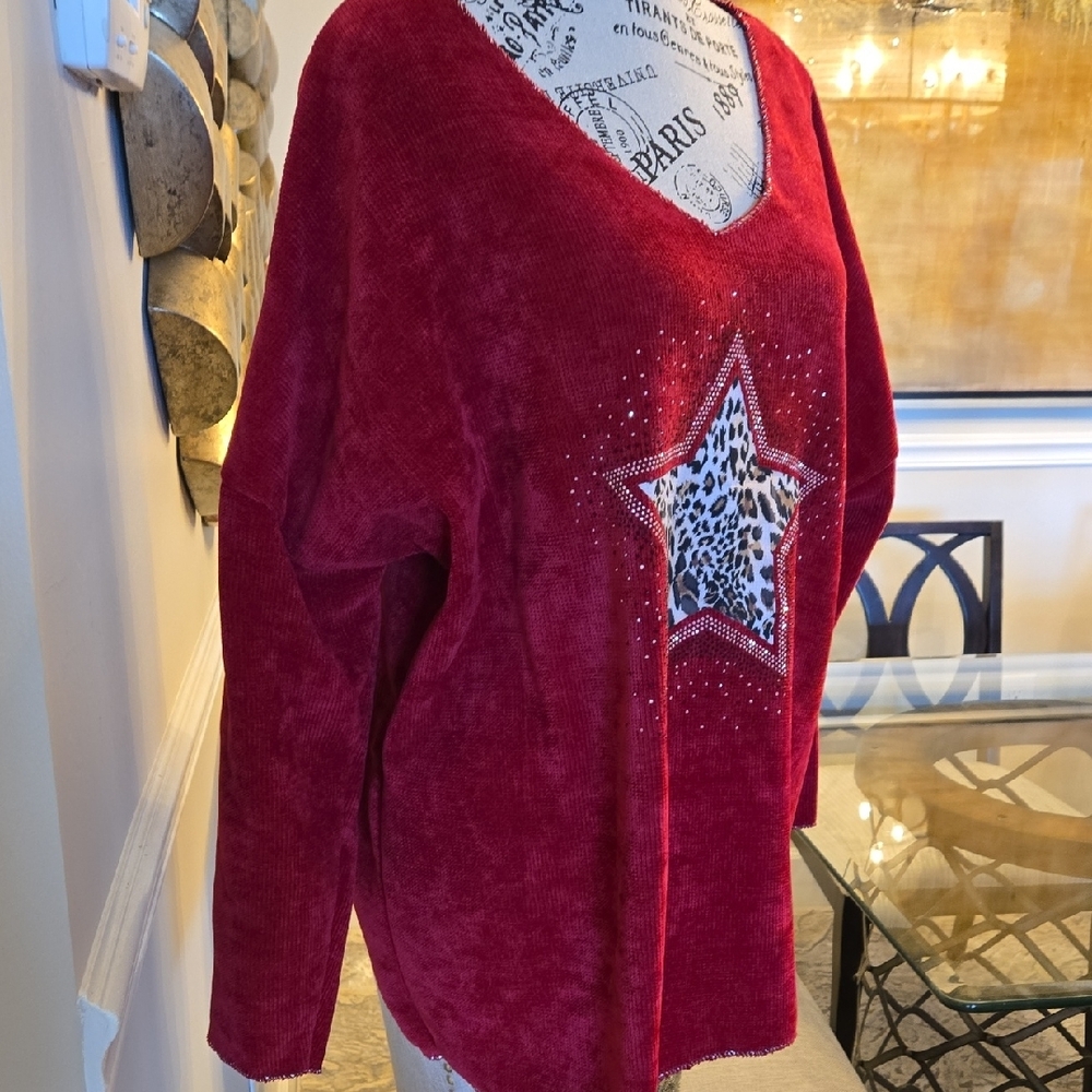 New Ruby Red Sweater Leopard Star Embellished With Bling. From Shop Evelynne - Picture 3 of 8